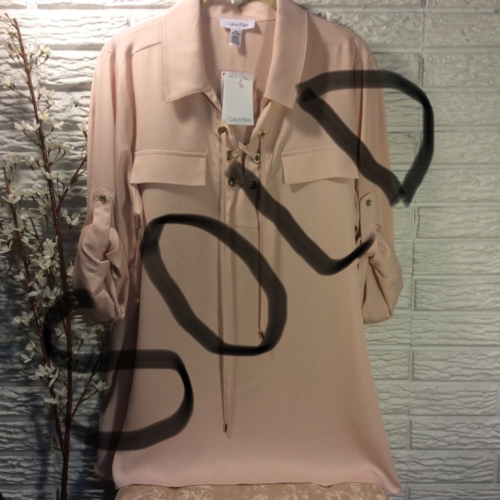 CALVIN KLIEN Lace Up Tie Neck Top